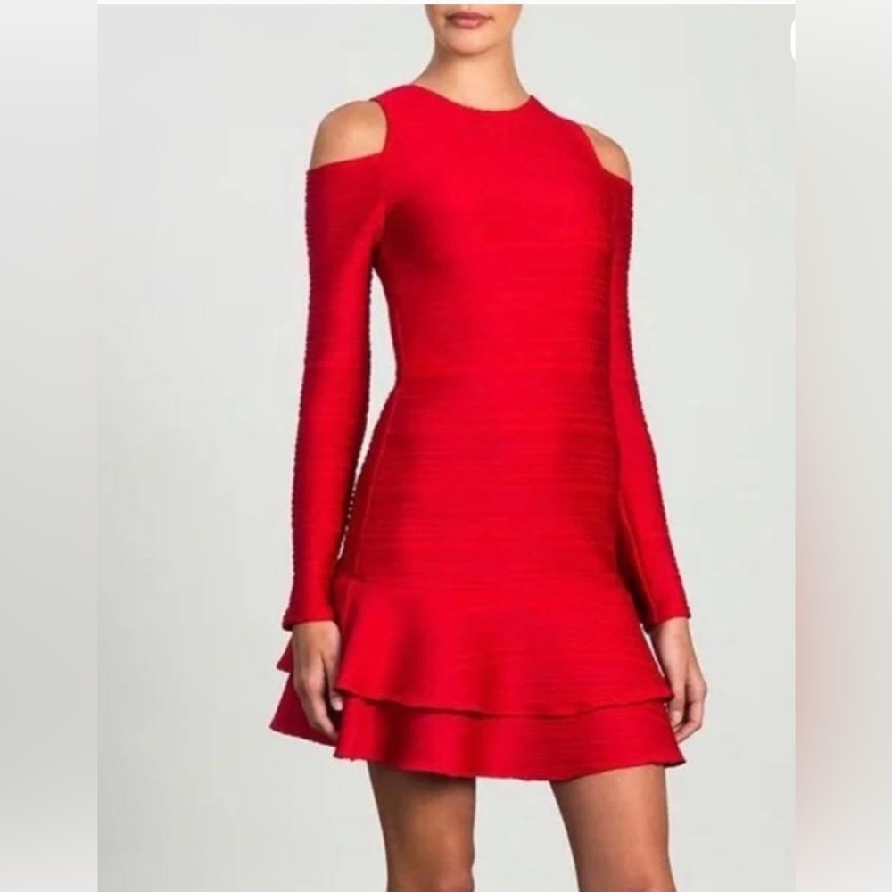 Elegant Shoshanna Red Jacquard Cold Shoulder Long Sleeve Fit & Flare Dress